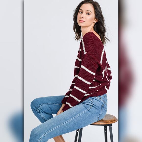 A261 • Stripe Dolman Sleeve Twist Back Knit Sweater Top - Picture 3 of 7